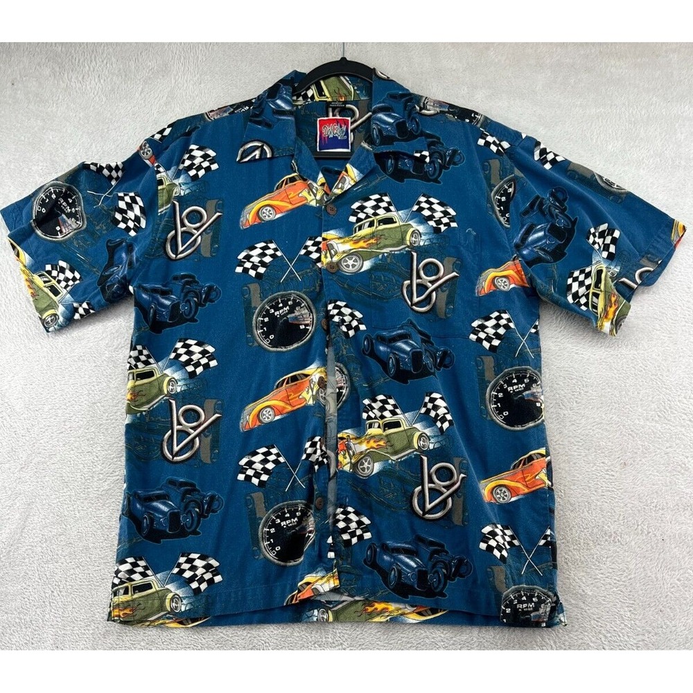 VTG D'em Crazy Shirt Men's Large Button V-8 Hot Rod Hawaiian Camp Short Sleeve